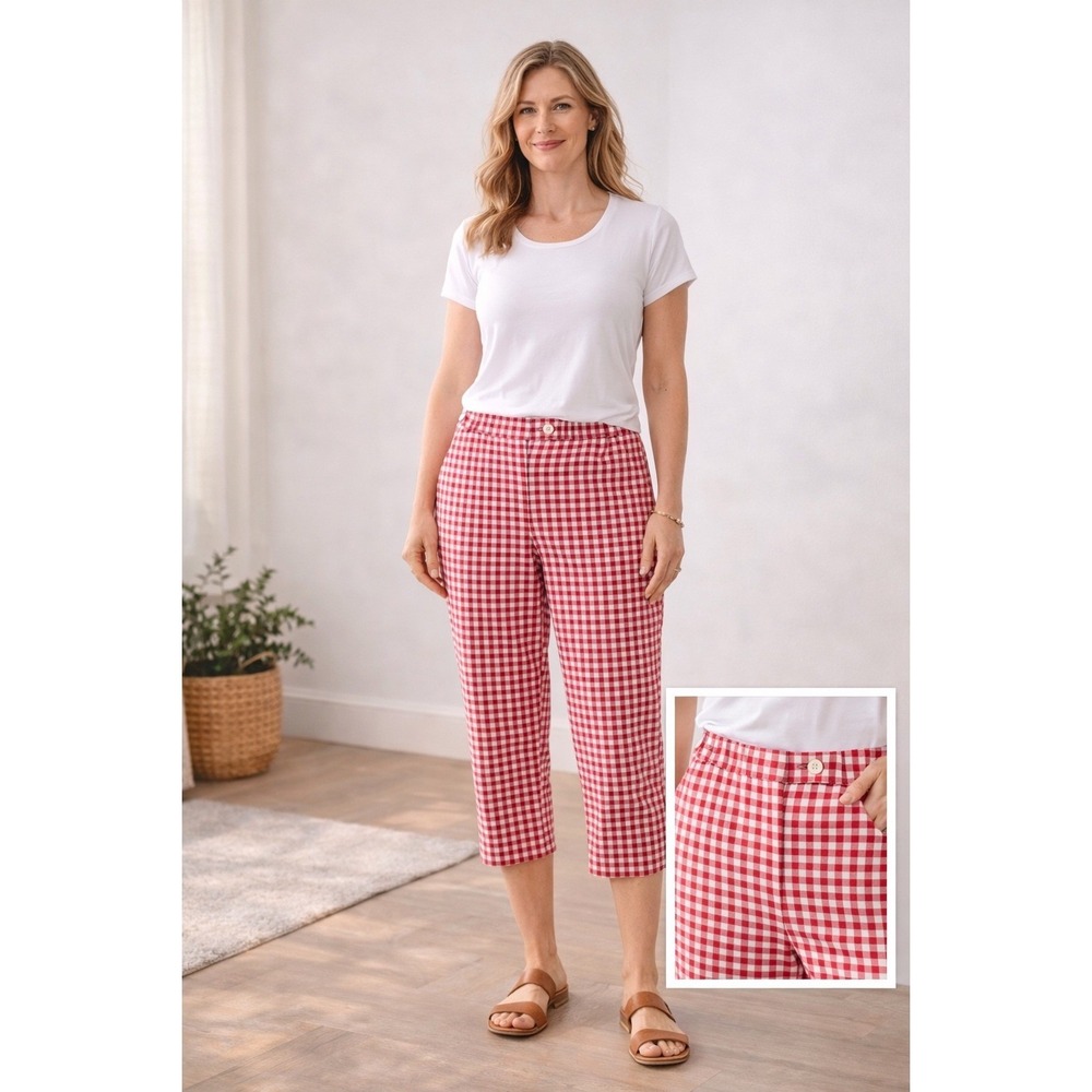 Summer Preppy Vacation Talbots Petites Red Gingham Capri Pants 12P Crop‎ Cotton